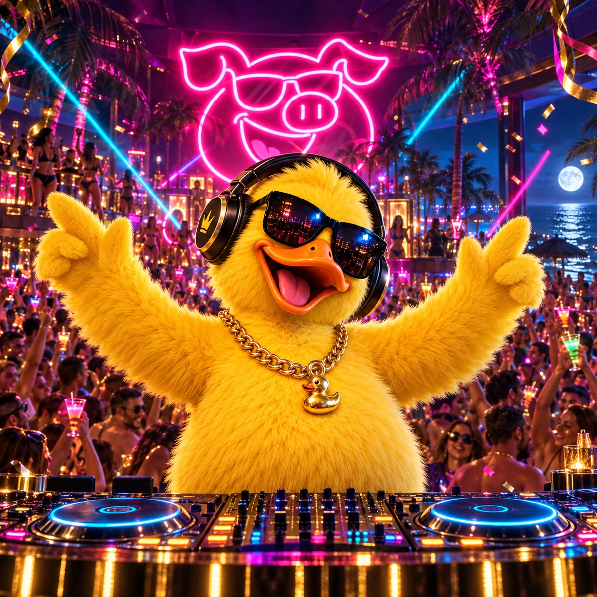 DJ Big Duck behind the decks at a neon Cancún beach club under a giant pink El Puerco pig sign, arms wide.