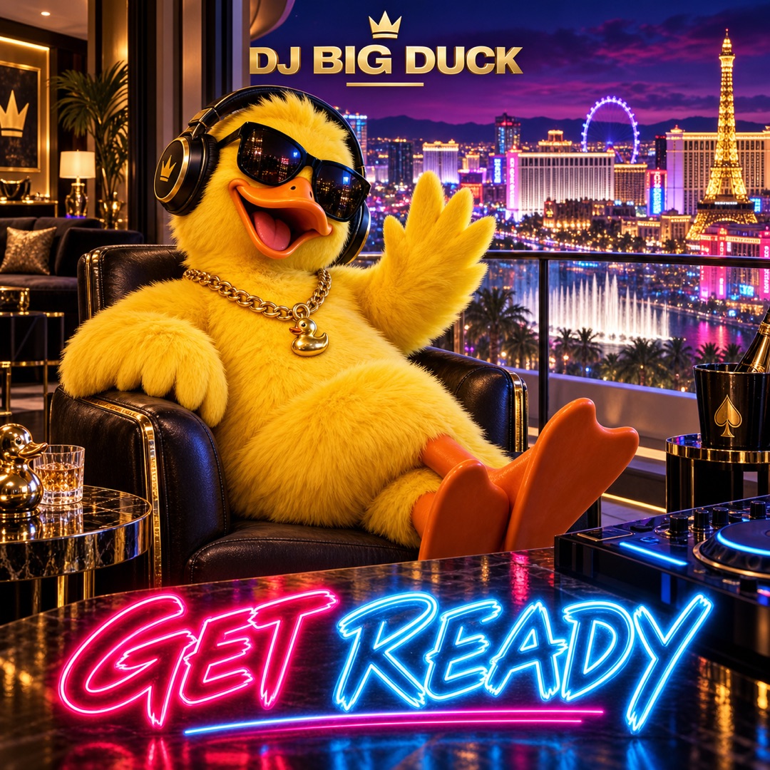 DJ Big Duck — a headphone-wearing duck lounging in a neon Las Vegas penthouse. Get Ready.