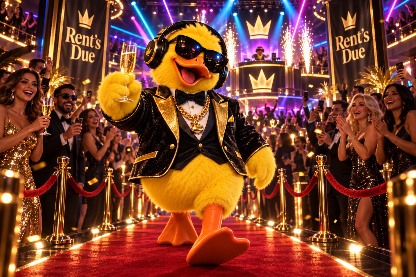 DJ Big Duck making his grand entrance down a gold carpet at the Rent's Due launch party