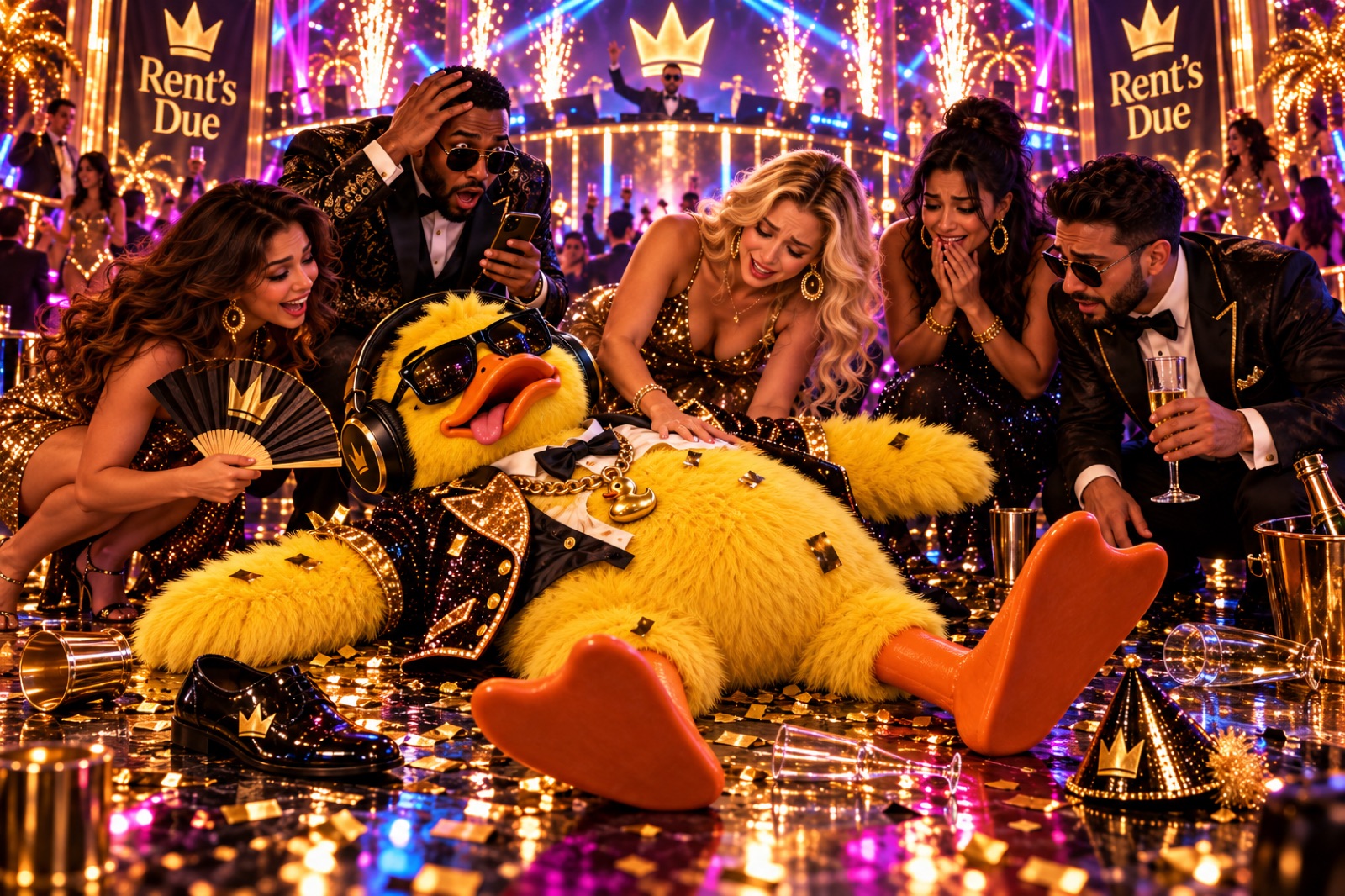 Big Duck passed out on the confetti-covered floor, the crew crouched around him checking on him