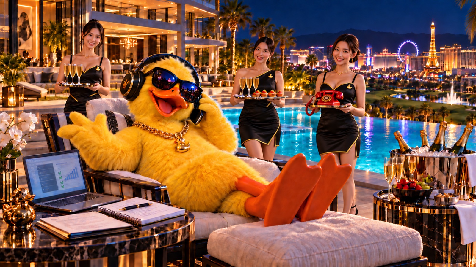 DJ Big Duck lounging poolside at night on the Las Vegas Strip — headphones on, laptop and champagne close by.