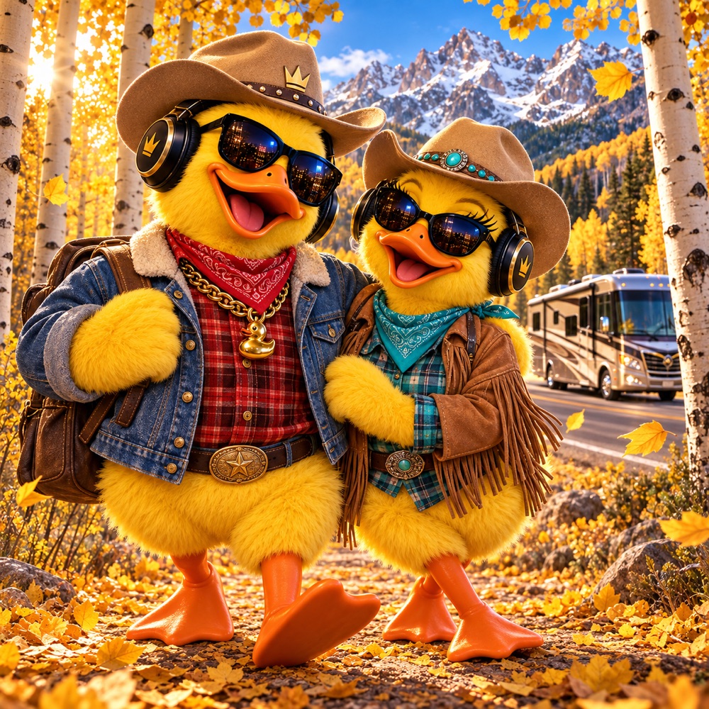 Big Duck and companion as cowboys among golden autumn aspens with the RV