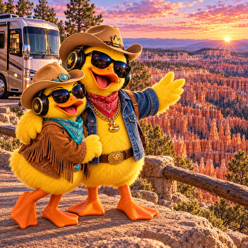 Big Duck and companion as cowboys at the Bryce Canyon rim over the orange hoodoos at sunrise, RV parked