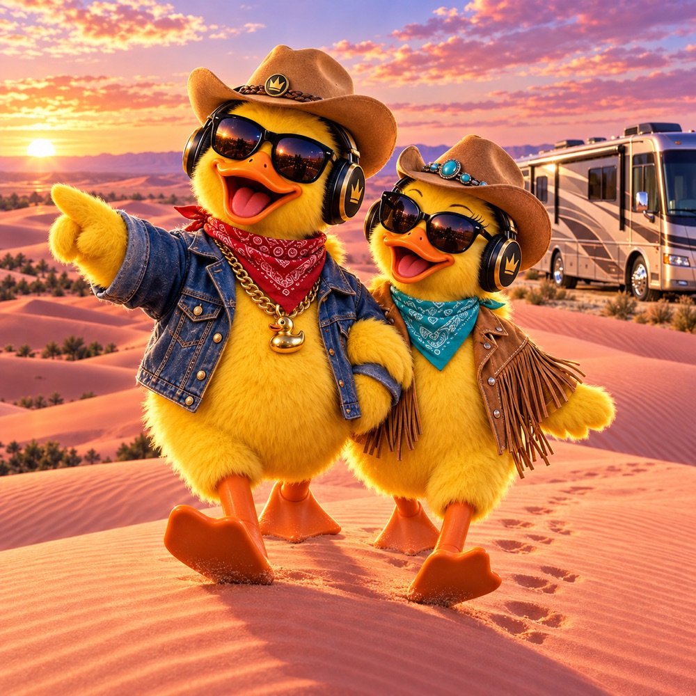 Big Duck and companion as cowboys out on the pink sand dunes with the RV at the edge