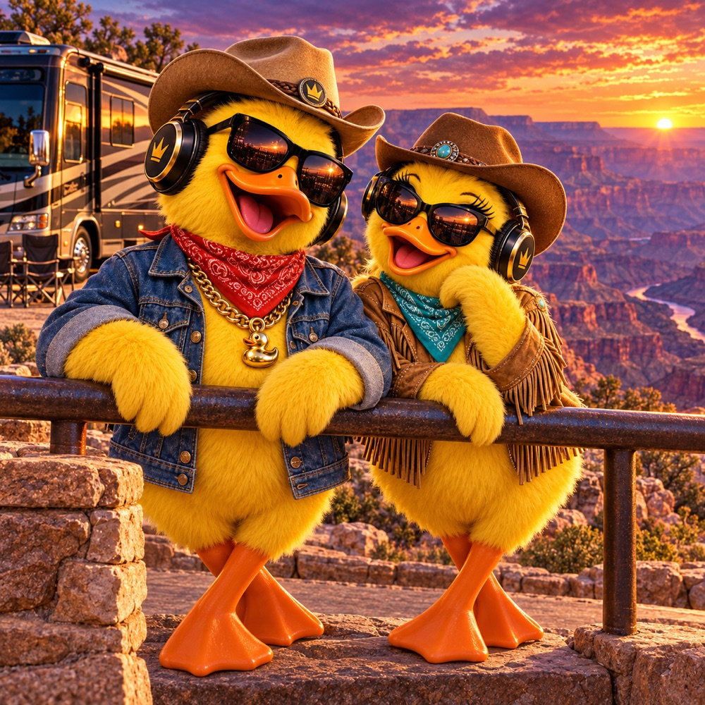 Big Duck and companion as cowboys leaning on the Grand Canyon rim rail at sunset, RV parked behind