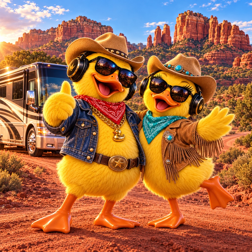 Big Duck and companion as cowboys on a red-dirt Sedona road under red-rock buttes with the RV
